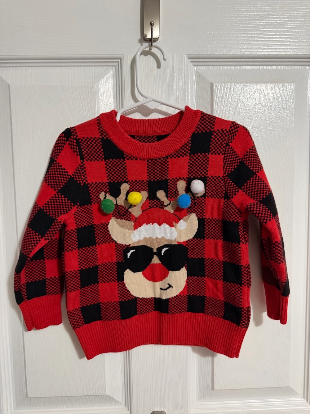 Toddler Red & Black Buffalo Plaid Reindeer Ugly Christmas Sweater 2T